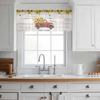 Farmhouses Sunflowers Sheer Valance Curtains, Retro Floral Leaves Red Truck Wood Grain Light Filtering Kitchen Valances Rod Pocket Voile Curtain Treatment for Bedroom/Living Room/Basement 54Wx18L
