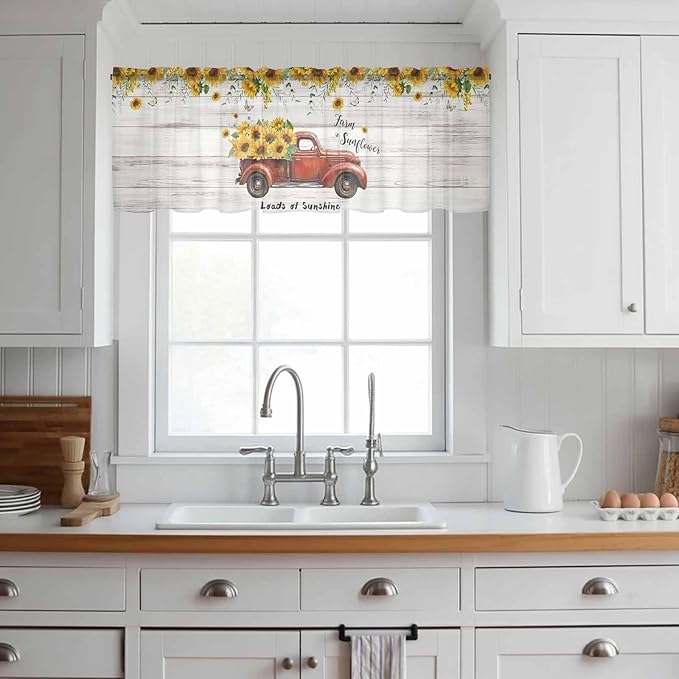 Farmhouses Sunflowers Sheer Valance Curtains, Retro Floral Leaves Red Truck Wood Grain Light Filtering Kitchen Valances Rod Pocket Voile Curtain Treatment for Bedroom/Living Room/Basement 42Wx12L