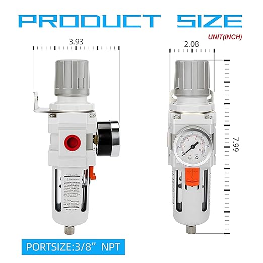 NANPU 3/8" NPT Compressed Air Filter Regulator Combo Piggyback, Semi-Auto Drain, 5 Micron Brass Element, Poly Bowl, Metal Bracket, 0-150 psi Gauge