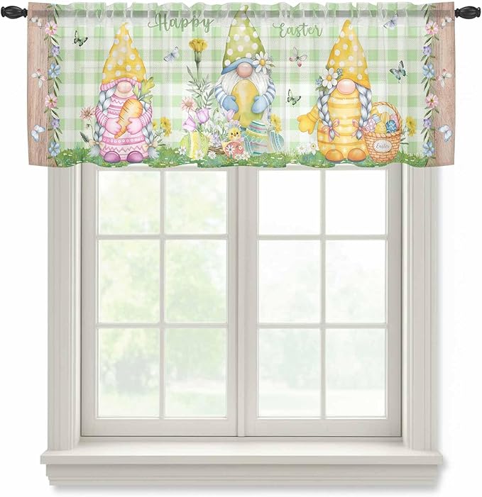 Easter Sheer Valances for Windows 42"x12", Light Filtering Kitchen Curtains Valance, Gnomes Flowers Duck Eggs Green Lattice Wooden Rod Pocket Chiffon Curtains for Living Room Bedroom Cafe
