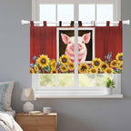 Pigs Sunflowers Kitchen Curtains 24 Inch Length, Small Window Curtains Tab Top, Farmhouse Red Barn Flowers Animals Light Filtering Short Window Treatments Tier Drapes 27.5"x24" 2 Panel