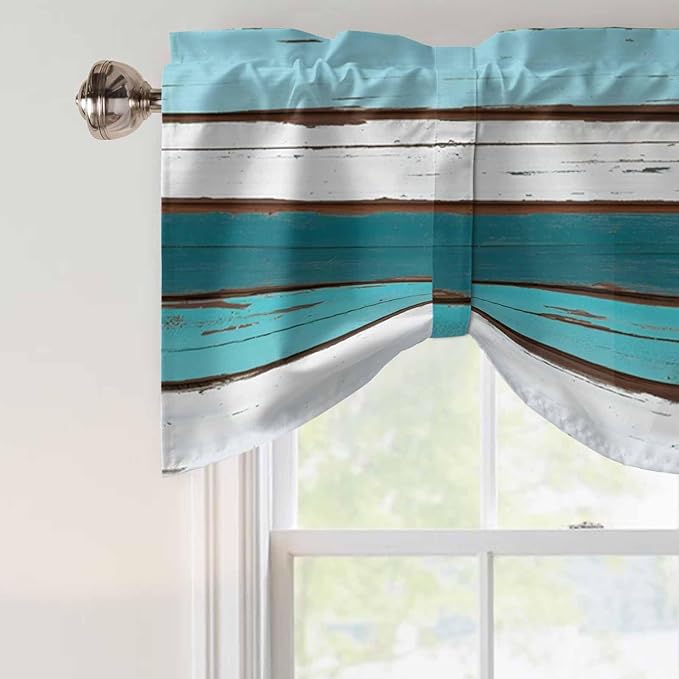 Turquoise Teal Tie Up Valance Curtains for Windows, Kitchen Curtains Window Shades, Farmhouse Retro Ombre Wooden Grain Light Filtering Roman Curtain Valances for Bedroom/Bathroom/Cafe 42"x12"