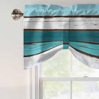Turquoise Teal Tie Up Valance Curtains for Windows, Kitchen Curtains Window Shades, Farmhouse Retro Ombre Wooden Grain Light Filtering Roman Curtain Valances for Bedroom/Bathroom/Cafe 42"x12"