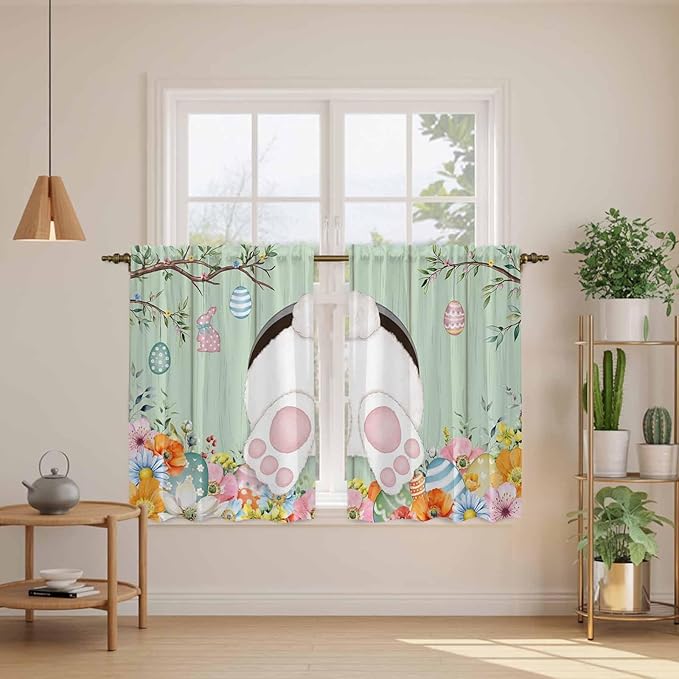 Easter Kitchen Tier Curtains 45 Inch Long 2 Panel Set,Rod Pocket Short Window Treatment,Spring Watercolor Bunny Eggs Wooden Grain Green Light Filtering Curtains & Drapes for Bathroom 27.5"W x 45"L