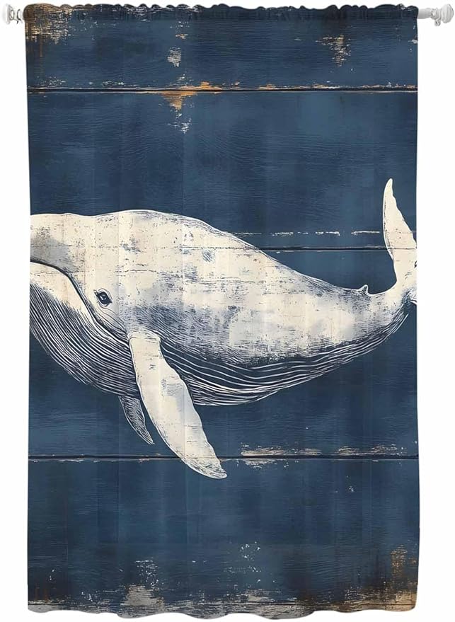 Sheer Curtains 63 Inch Length, Ocean Vintage Whale Semi Sheer Curtains Light Filtering Window Treatment, Summer Retro Wood Grain Privacy Voile Drapes for Living Room Bedroom 52x63 Inch