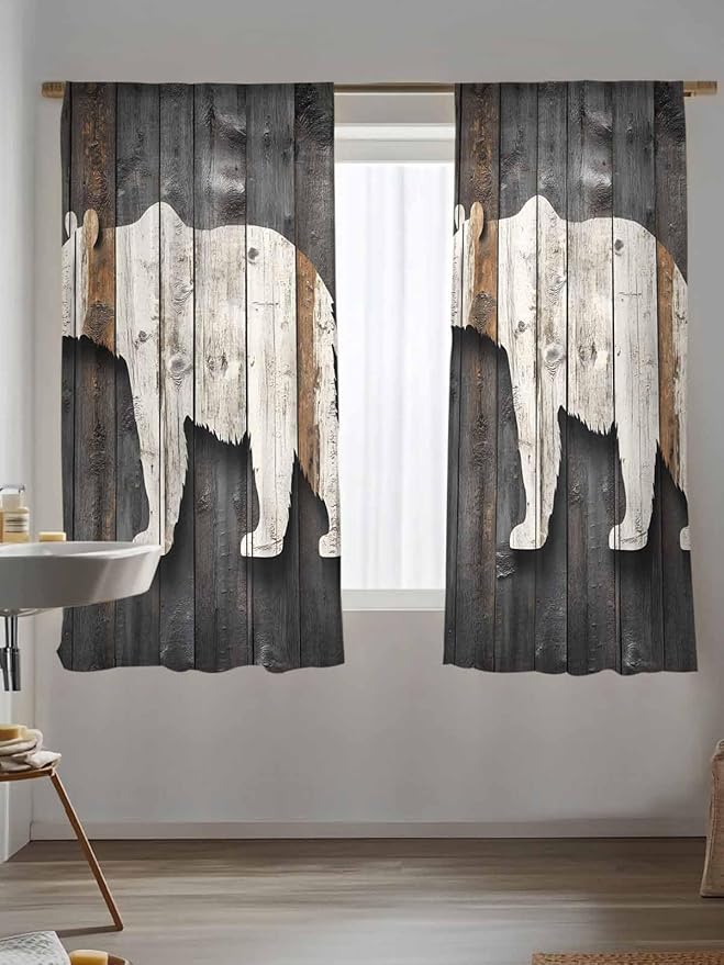 Sheer Curtains 63 Inch Length, Vintage White Brown Bear Semi Sheer Curtains Light Filtering Window Treatment, Retro Country Rustic Wood Grain Privacy Voile Drapes for Living Room Bedroom 52x63 Inch