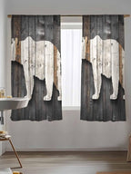 Sheer Curtains 72 Inches Long, Vintage White Brown Bear Semi Sheer Curtains Light Filtering Window Treatment, Retro Country Rustic Wood Grain Privacy Voile Drapes for Living Room Bedroom 52x72 Inch