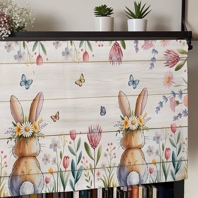 Easter Curtain Valances for Windows, Kitchen Valance Window Treatment, Spring Bunny Butterfly Botanical Wooden Grain Light Filtering Block Curtains for Bathroom/Bedroom/Living Room 60'' x 18''