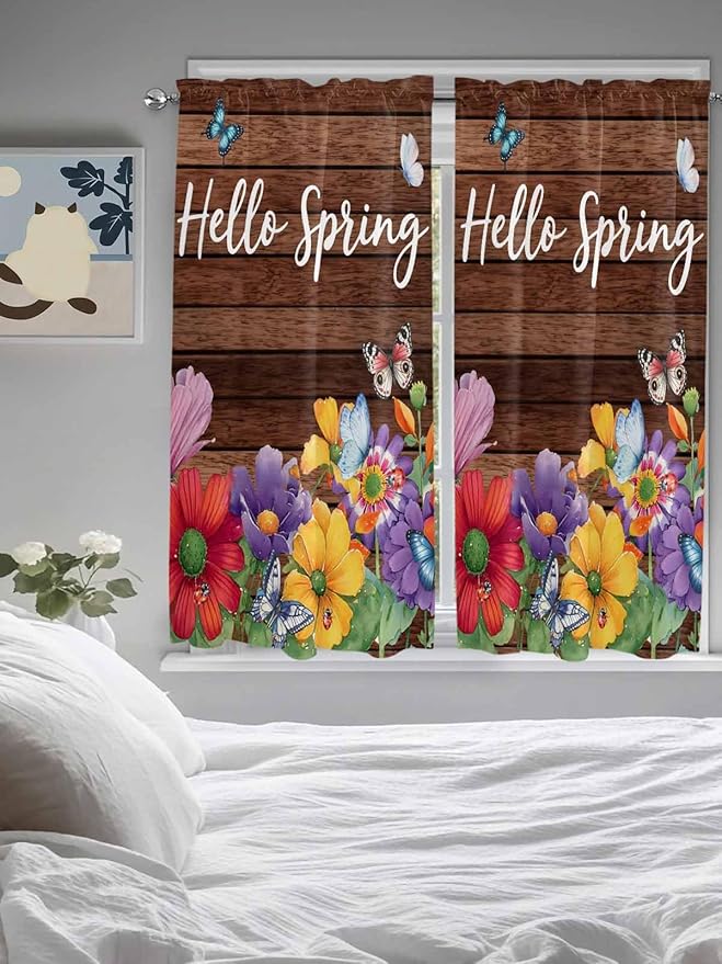 Spring Flowers Living Room Curtains 72 Inches length, Watercolor Farmhouse Colorful Wooden Grain Window Treatment Curtain Drapes, Light Filtering Drapes for Bedroom Laundry Room, 52"x72", 2 Panels