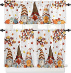 Fall Kitchen Curtain Set, Orange Yellow Thanksgiving Maple Leaf Gnomes Pumpkin Window Valance and Tiers 36" Length, Light Filtering Short Curtains Valance for Cafe Bathroom Bedroom 54"x18"
