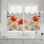 Retro Floral Kitchen Curtains 36 Inch Length, Small Window Curtains Tab Top, Red Yellow Tulips Barm Doors Farmhouse Wooden Light Filtering Short Window Treatments Tier Drapes 27.5"x36" 2 Panel