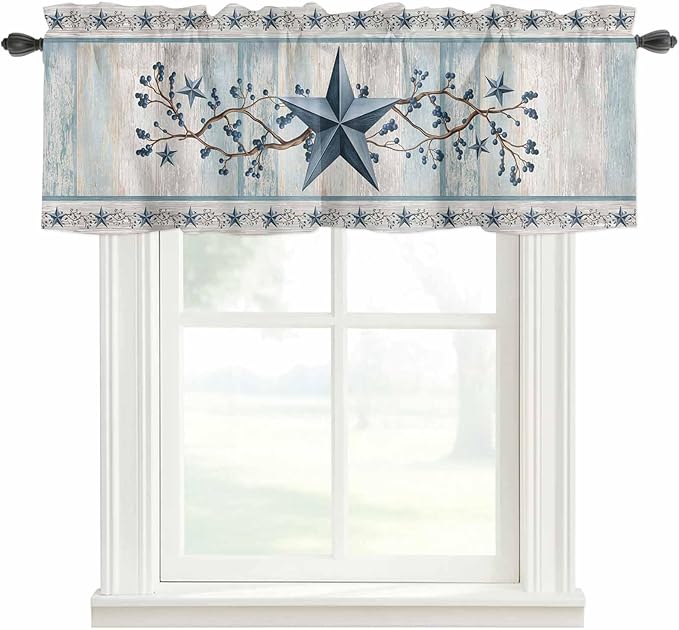 Texas Star Blue Curtain Valances for Windows, Kitchen Valance Window Treatment, Farmhouse Country Branches Wooden Grain Light Filtering Block Curtains for Bathroom/Bedroom/Living Room 60'' x 18''