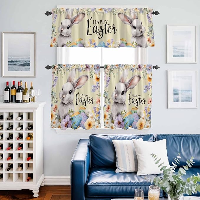 Happy Easter Kitchen Curtains Set 3 Piece for Windows,Rod Pocket Valance and Tier Set 24 Inch Length,Spring Grey Bunny Colorful Eggs Flower Brown Light Filtering Cafe Curtains for Living Room