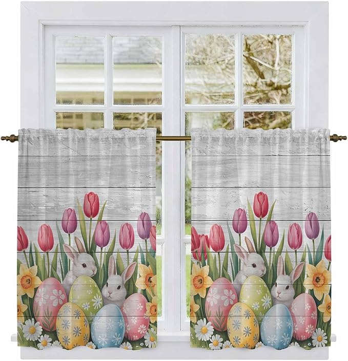 Easter Kitchen Curtains 54 Inch Long 2 Panel Set, Rod Pocket Window Curtains Panels, Retro Spring Bunny Eggs Tulip Farm Wooden Grain Light Filtering Privacy Draperies for Bedroom Laundry 42"W x 54"L