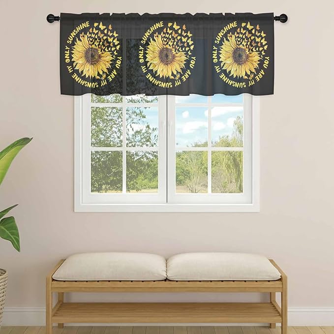 YOU ARE MY SUNSHINE Sheer Valance Curtains, Summer Sunflowers Golden Gradient Butterflies Light Filtering Kitchen Valances Rod Pocket Voile Curtain Treatment for Bedroom/Living Room/Basement 60Wx18L