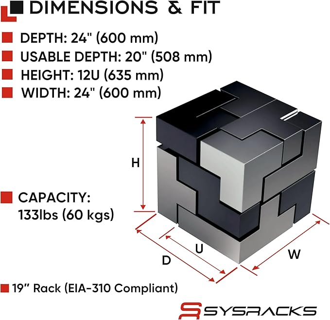 Sysracks 12U Wall Mount Server Rack Cabinet, 19” Locking Network Rack, 24” Deep, Glass Door, with Fan, PDU and Shelf