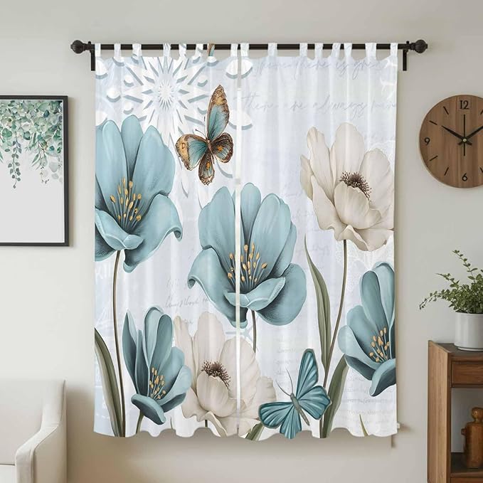 Blue Tulips Living Room Curtains 84 Inch Length, Window Curtains Tab Top, Watercolor Flowers Butterfly Spring Farmhouse Blue Light Filtering Window Treatments Drapes 52"x84" 2 Panel