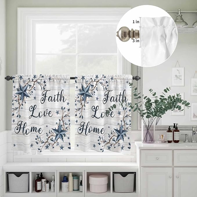 Farmhouse Kitchen Curtains Set 3 Piece for Windows,Rod Pocket Valance and Tier Set 36 Inch Length,Blue Country Texas Star Vintage Berries Wooden Light Filtering Cafe Curtains for Living Room