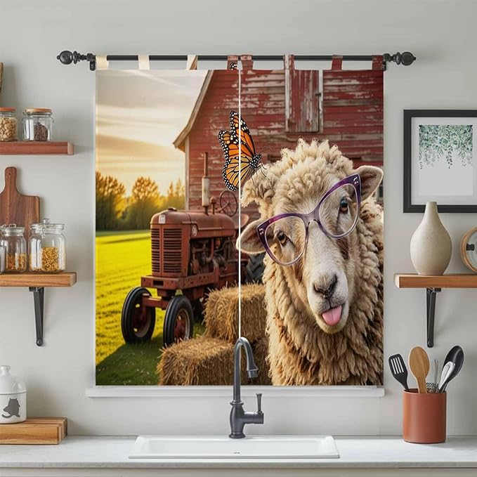 Farm Sheep Living Room Curtains 84 Inch Length, Window Curtains Tab Top, Farmhouse Barn Funny Animals Butterfly Light Filtering Window Treatments Drapes 42"x84" 2 Panel