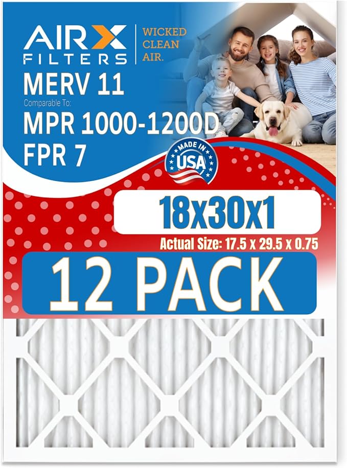 18x30x1 Air Filter MERV 11 Rating, 12 Pack of Furnace Filters Comparable to MPR 1000, MPR 1200 & FPR 7 - Made in USA by AIRX FILTERS WICKED CLEAN AIR.