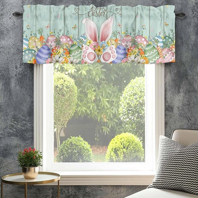 Easter Curtain Valances for Windows, Kitchen Valance Window Treatment, Spring Rabbit Ear Eggs Floral Green Wooden Grain Light Filtering Block Curtains for Bathroom/Bedroom/Living Room 42'' x 18''