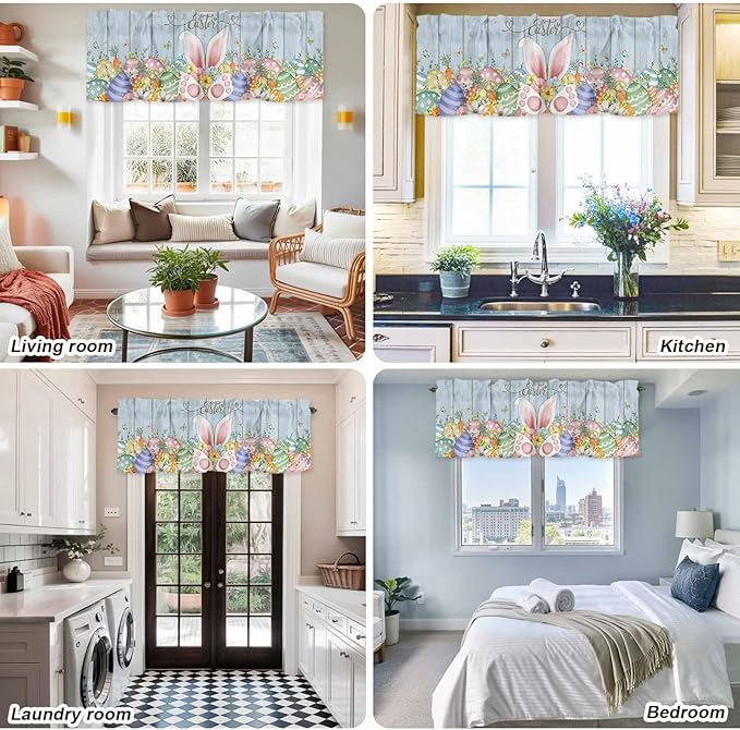 Easter Curtain Valances for Windows, Kitchen Valance Window Treatment, Spring Eggs Rabbit Ear Flowers Wooden Grain Light Filtering Block Curtains for Bathroom/Bedroom/Living Room 54'' x 18''