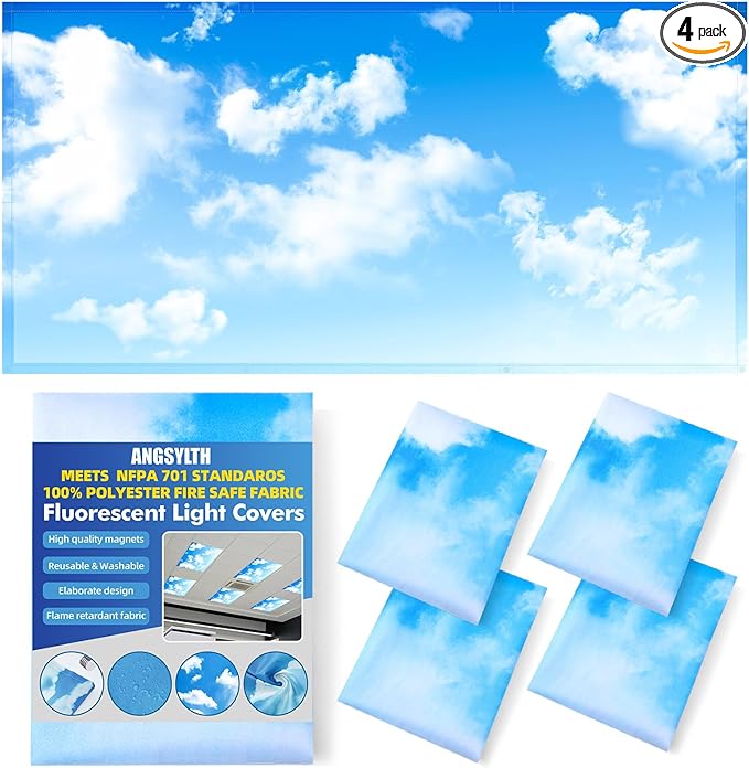 4 Pcs Fluorescent Light Covers - Classroom, Office 4 x 2 Feet Flame Retardant Magnetic Covers for Ceiling Lights Filters (Blue Skies & White Clouds)