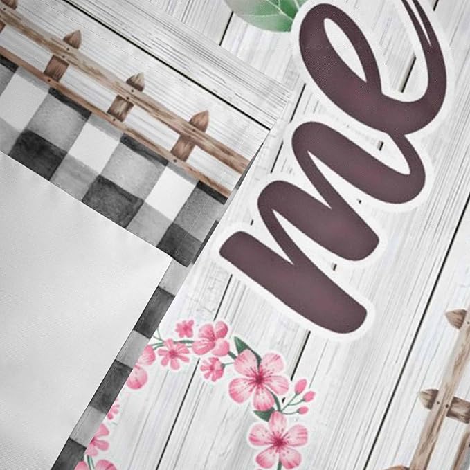 Spring Flowers Curtain Valances for Windows, Kitchen Valance Window Treatment, Farmhouse Watercolor Black Plaid Wood Grain Light Filtering Block Curtains for Bathroom/Bedroom/Living Room 42'' x 12''