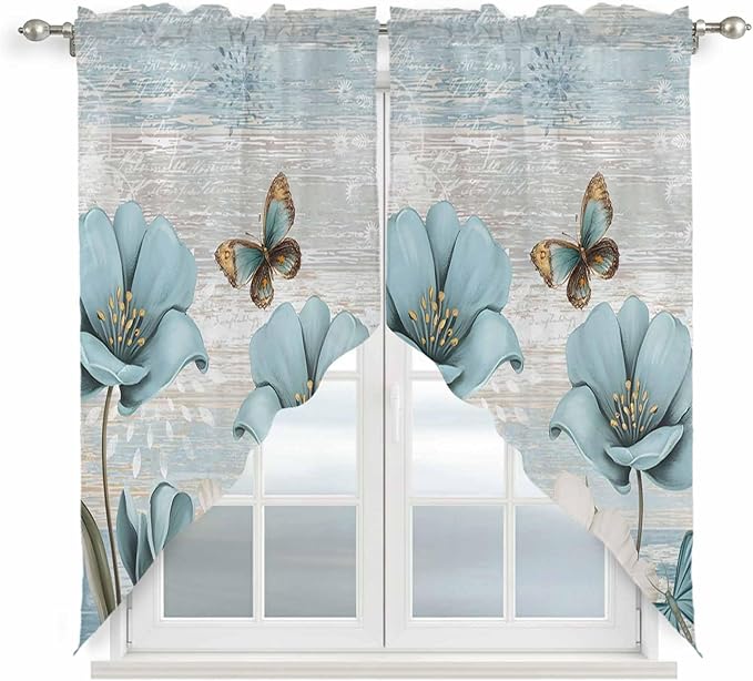 Spring Floral Swag Valances for Windows, Vintage Tulips Flower Butterfly Retro Wood Blue Rod Pocket Kitchen Curtains Valance, Kitchen Window Curtains Swag for Cafe Living Room, 2 Panels, 36x63 inch
