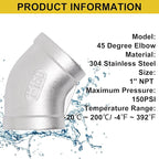 45 Degree Elbow 1PCS, 1" NPT Female x 1" NPT Female 304 Stainless Steel Pipe Fitting, Connector Coupler Apply to Outdoor/Garden/Industrial
