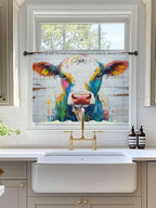Sheer Curtains 54 Inch Length, Farmhouse Oil Painting Semi Sheer Curtains Light Filtering Window Treatment, Colorful Cow Animal Wooden Grain Privacy Voile Drapes for Living Room Bedroom 52x54 Inch