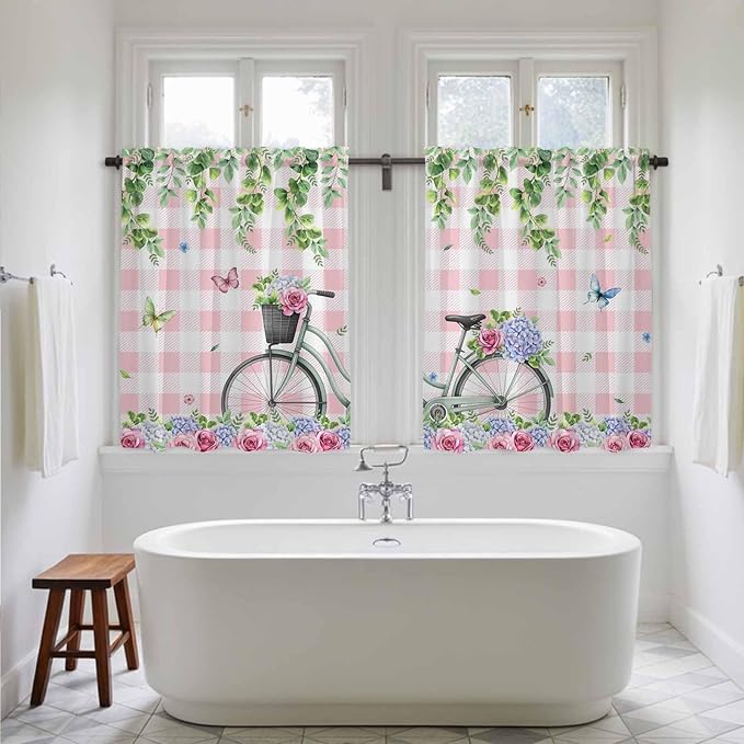 Spring Kitchen Curtains, Bicycles Leaves Butterfly Flowers Pink Buffalo Plaid Light Filtering Window Curtain Panels, 2Pcs Rod Pocket Window Treatments Set for RV Dining Room Study Room 42x54 Inches