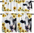 Kitchen Curtains Tiers and Valance Set of 3, Cow Sunflowers Light Filtering Window Curtain Set, Spring Botanical Floral Flowers Animals Rod Pocket Curtain Drapes for Cafe, Living Room, 24 Inches Tiers