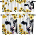 Kitchen Curtains Tiers and Valance Set of 3, Cow Sunflowers Light Filtering Window Curtain Set, Spring Botanical Floral Flowers Animals Rod Pocket Curtain Drapes for Cafe, Living Room, 36 Inches Tiers