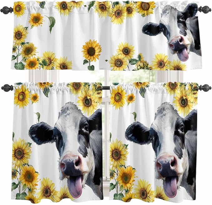 Kitchen Curtains Tiers and Valance Set of 3, Cow Sunflowers Light Filtering Window Curtain Set, Spring Botanical Floral Flowers Animals Rod Pocket Curtain Drapes for Cafe, Living Room, 36 Inches Tiers