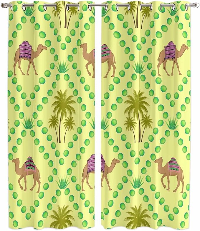2 Panel Kitchen Cafe Curtains, Desert Sand Camels Sunlight Filtering Nature Air Through, Window Decor Tier Curtains for Living Room 104W x 90L inch Palm Trees Tropical Plants Polka Dot Yellow