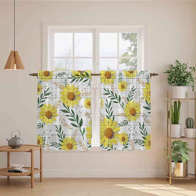 Yellow Daisy Kitchen Curtains, Farmhouse Country Flower Leaf Plant Wood Grain Light Filtering Window Curtain Panels, 2Pcs Rod Pocket Window Treatments Set for Cabin Bathroom Bedroom 52x45 Inches