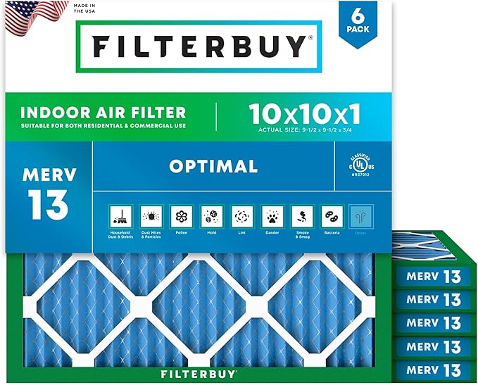 Filterbuy 10x10x1 Air Filter MERV 13 Optimal Smoke & Allergy Defense (6-Pack), Electrostatic Pleated HVAC AC Furnace Filters Replacement, Made in USA (Actual Size: 9.50 x 9.50 x 0.75)