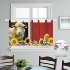 Sheep Flowers Kitchen Curtains 36 Inch Length, Small Window Curtains Tab Top, Country Red Barn Botanical Sunflowers Light Filtering Short Window Treatments Tier Drapes 27.5"x36" 2 Panel