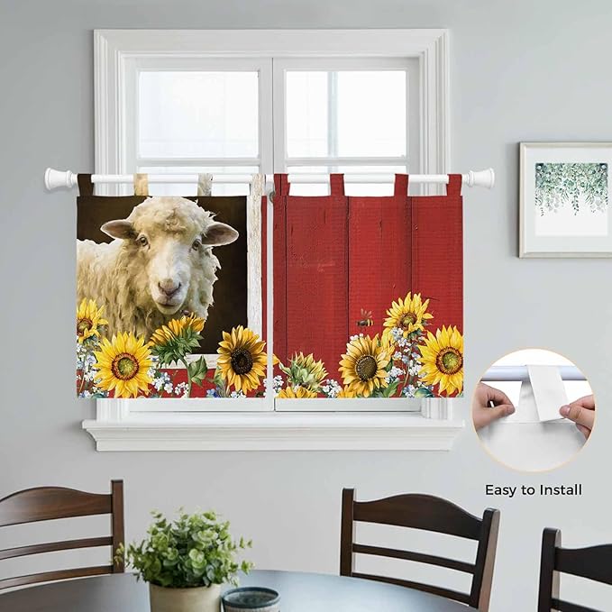 Sheep Flowers Kitchen Curtains 36 Inch Length, Small Window Curtains Tab Top, Country Red Barn Botanical Sunflowers Light Filtering Short Window Treatments Tier Drapes 27.5"x36" 2 Panel