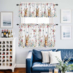Kitchen Curtains Tiers and Valance Set of 3, Easter Light Filtering Window Curtain Set, Spring Flowers Wreath Rabbit Budding Florals Rod Pocket Curtain Drapes for Cafe, Living Room, 24 Inches Tiers