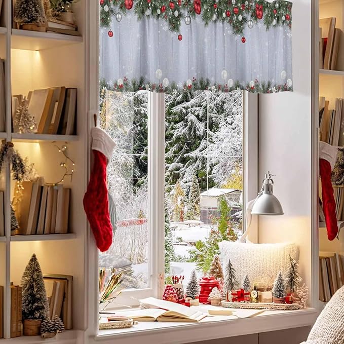 Christmas Curtain Valances for Windows, Kitchen Valance Window Treatment, Winter Xmas Balls Pine Branches Wooden Grain Light Filtering Block Curtains for Bathroom/Bedroom/Living Room 42'' x 18''
