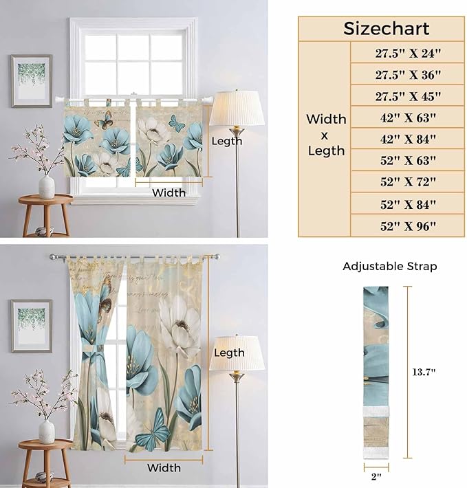 Spring Flowers Bedroom Curtains 63 Inch Length, Window Curtains Tab Top, Vintage Rustic Tulips Floral Butterfly Khaki Light Filtering Window Treatments Drapes 42"x63" 2 Panel