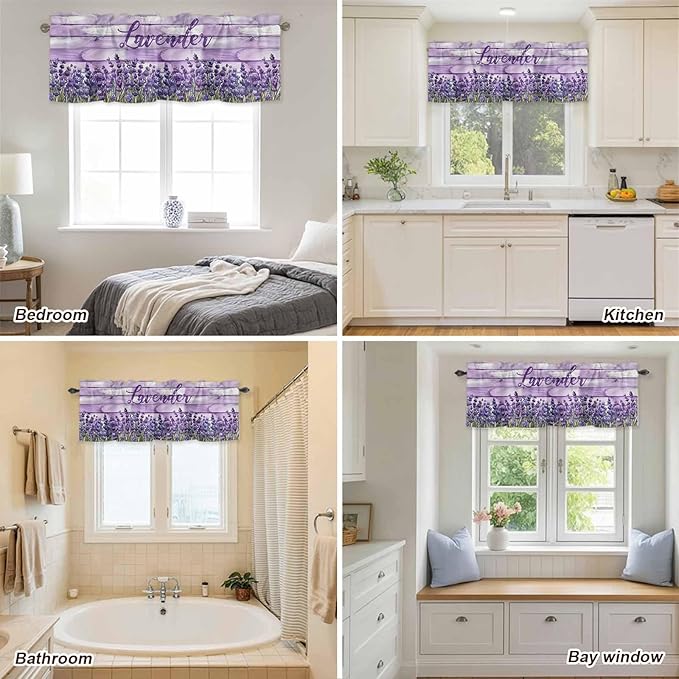 Kitchen Valances for Window, Retro Lavender on Farm Wood Grain Light Filtering Rod Pocket Valance Curtain, Watercolor Purple Flowers Short Curtains Window Topper for Bedroom Living Room 54x18in