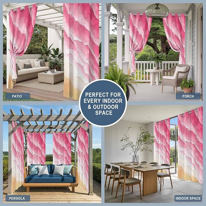 Ocean Outdoor Curtains for Patio Beach Waves Watercolor Abstract Gradient Pink Waterproof Outside Curtains with Grommet Top Weatherproof Curtain for Cabana Pergola Gazebo, 2 Pack, 54" W x 95" L