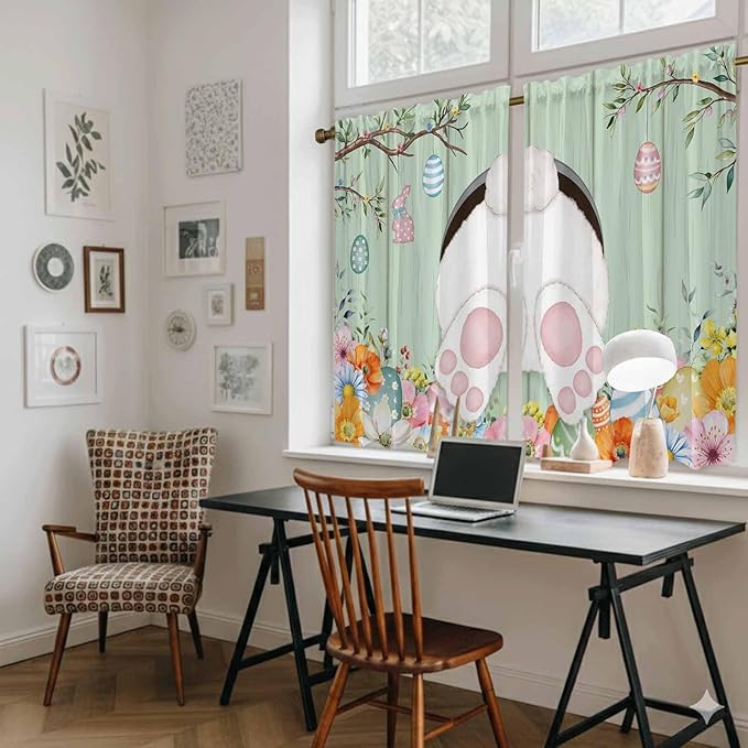 Easter Kitchen Curtains 54 Inch Long 2 Panel Set, Rod Pocket Window Curtains Panels, Spring Watercolor Bunny Eggs Wooden Grain Green Light Filtering Drapery Draperies for Bathroom Bedroom 52"W x 54"L
