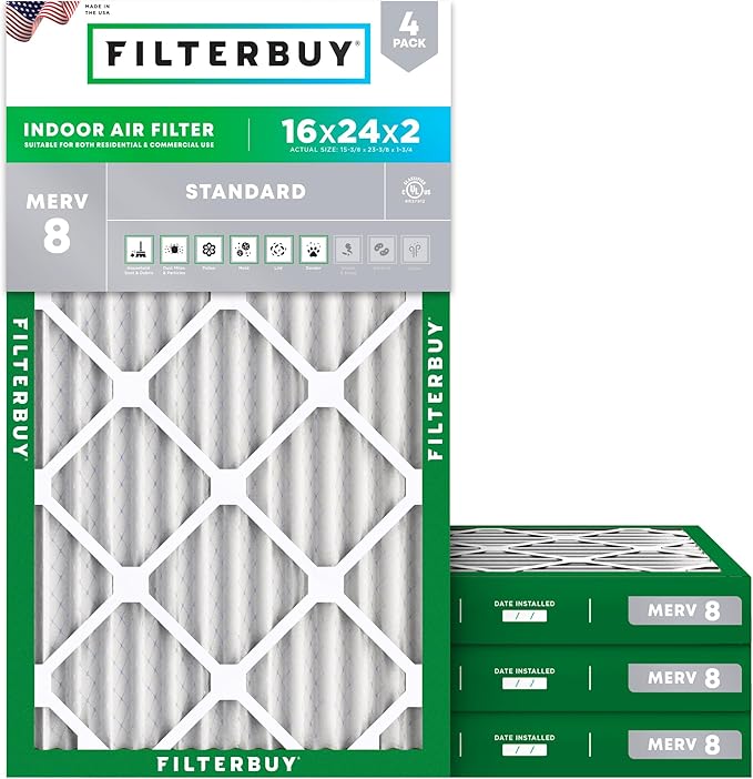 Filterbuy 16x24x2 Air Filter MERV 8 Essential Dust & Allergy Defense (4-Pack), Electrostatic Pleated HVAC AC Furnace Filters Replacement, Made in USA (Actual Size: 15.38 x 23.38 x 1.75)