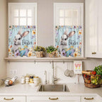 Happy Easter Kitchen Curtains Set 3 Piece for Windows,Rod Pocket Valance and Tier Set 36 Inch Length,Spring Grey Bunny Colorful Eggs Flower Blue Light Filtering Cafe Curtains for Living Room