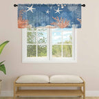 Ocean Corals Sheer Valance Curtains, Summer Beach Coral Sea Stars Dark Blue Light Filtering Kitchen Valances Rod Pocket Voile Curtain Window Treatment for Bedroom/Living Room/Basement 42Wx18L