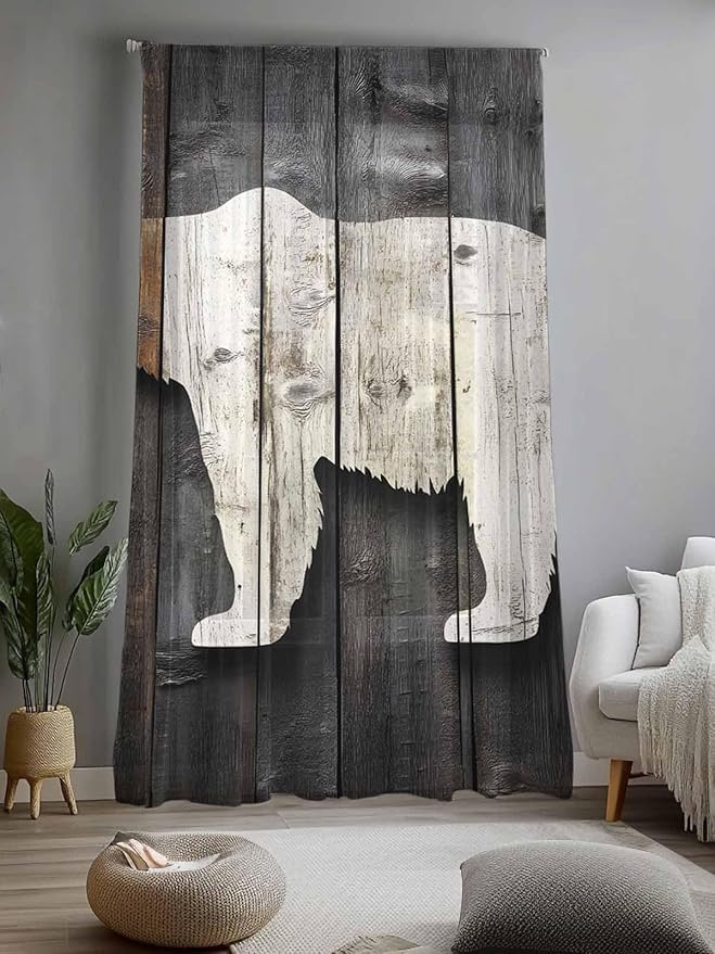 Sheer Curtains 96 Inches Long, Vintage White Brown Bear Semi Sheer Curtains Light Filtering Window Treatment, Retro Country Rustic Wood Grain Privacy Voile Drapes for Living Room Bedroom 52x96 Inch